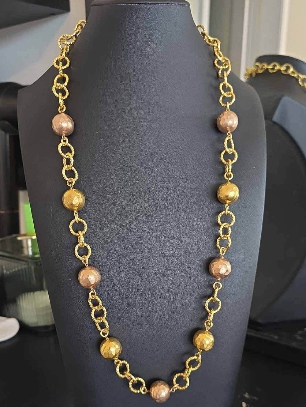 Gold Chain Necklace with Champagne Beads - (H)